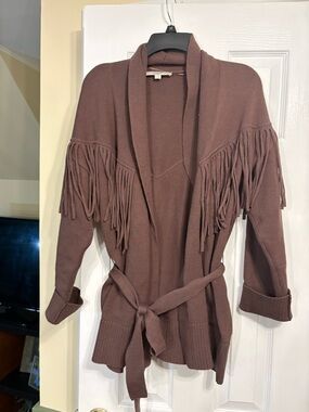 LOFT Brown Fringe Belted Open-Front Cardigan